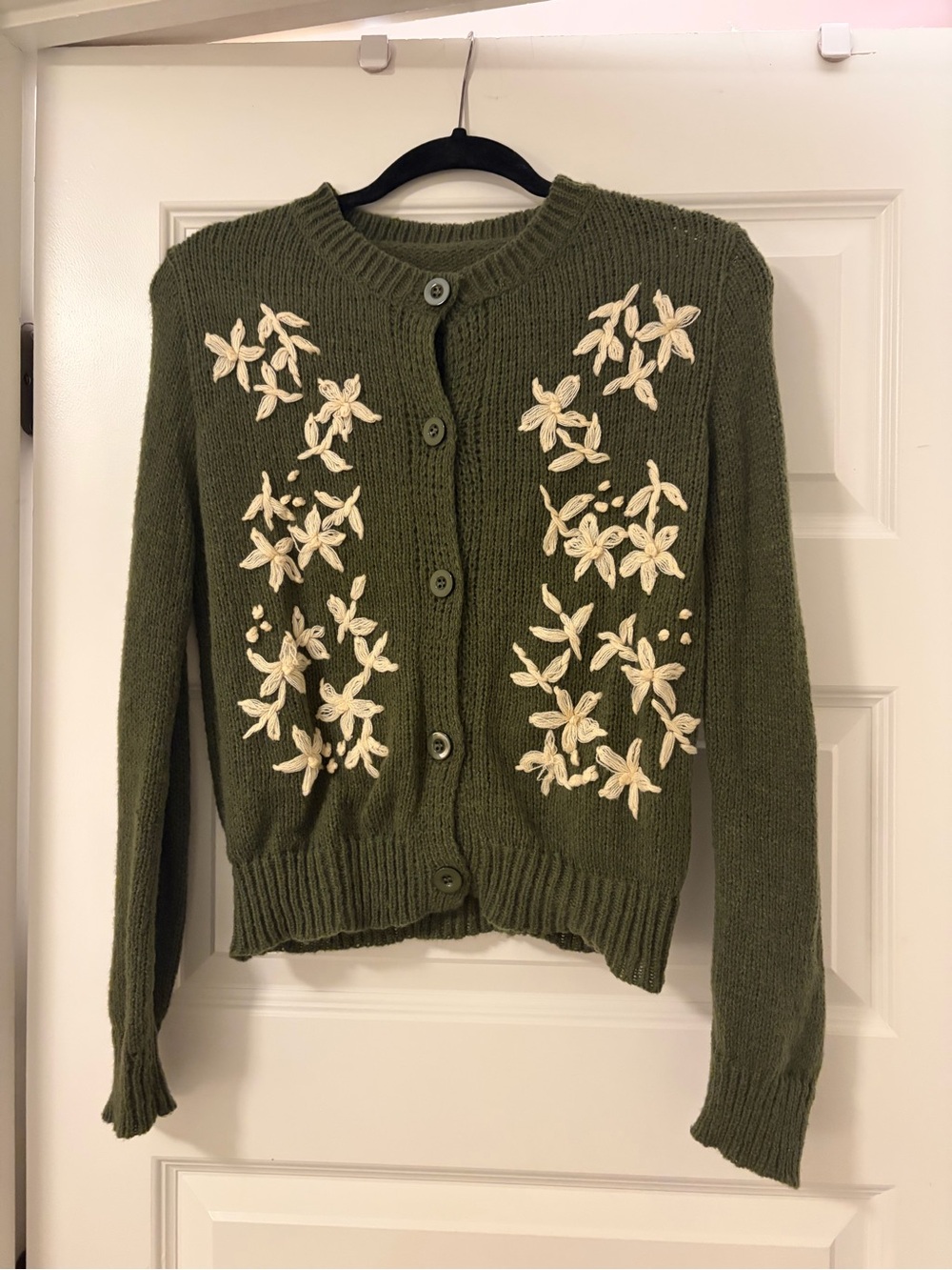 Olive Green Floral Embroidered Knit Cardigan Sweater